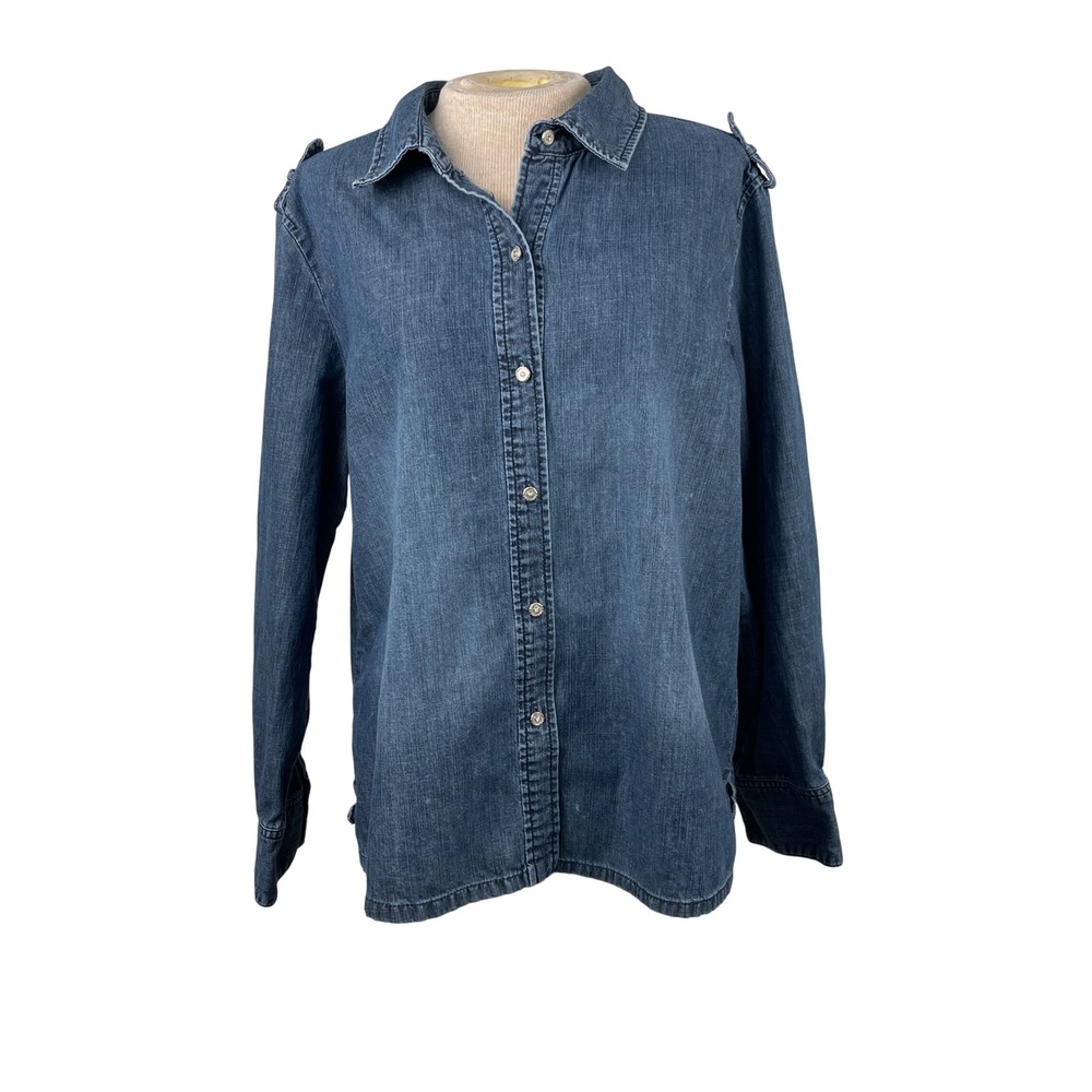 Chicos Denim Button Down Shirt Medium Wash Rhinestone Button Size 3 XL Cotton
